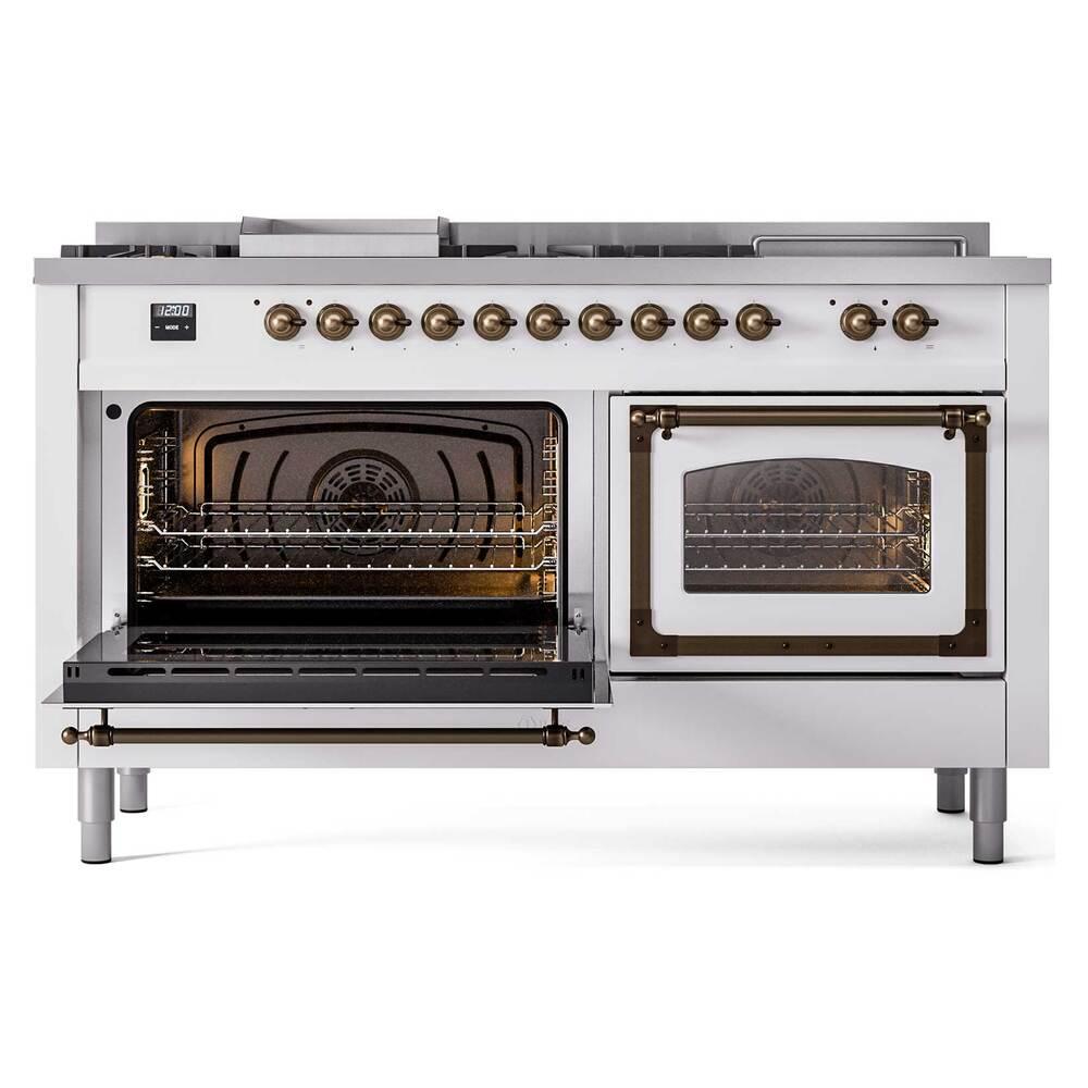 ILVE UN60FSNMPWHBLP Nostalgie II Noblesse 60 inch Dual Fuel Range (7 Sealed Burners + Griddle + French Top, Liquid Propane, Triple Glass Door, White, Burnished)