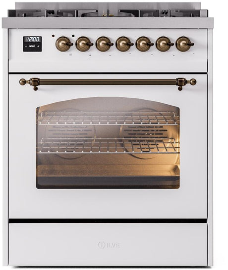 Nostalgie II 30 Inch Dual Fuel Liquid Propane Freestanding Range in White with Bronze Trim