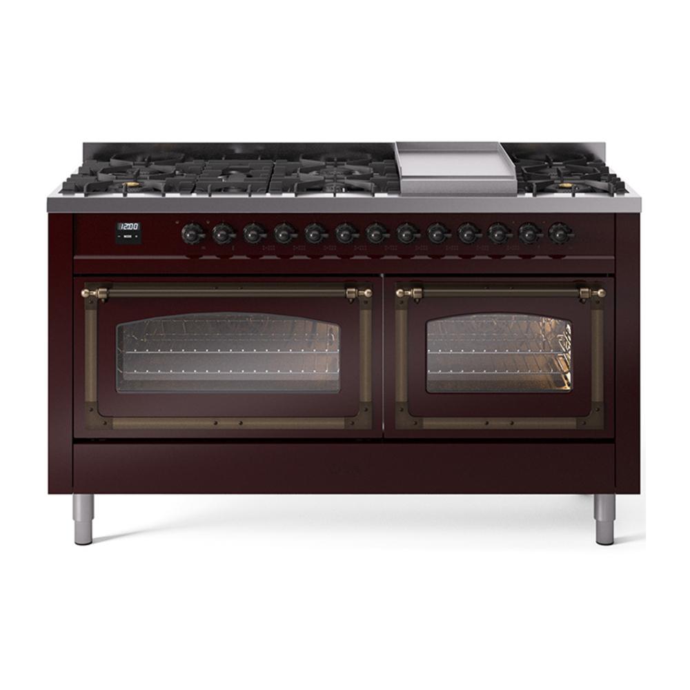 ILVE UN60FNMPBUBLP Nostalgie II Noblesse 60 inch Dual Fuel Range (9 Sealed Burners + Griddle, Liquid Propane, Triple Glass Door, Burgundy, Burnished)