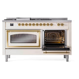 ILVE UN60FSNMPAWGLP Nostalgie II Noblesse 60 inch Dual Fuel Range (7 Sealed Burners + Griddle + French Top, Liquid Propane, Triple Glass Door, Antique White, Brass)