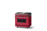 36"W. Dual Fuel Range (Burner: 4g, Finish: Valentine, Trim: Brushed Brass, Fuel: Natural Gas)