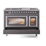 ILVE UN48FNMPMGCLP Nostalgie II Noblesse 48 inch Dual Fuel Range (8 Sealed Burners + Griddle, Liquid Propane, Triple Glass Door, Graphite Matte, Chrome)