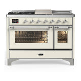 ILVE UM48FSNR3AWC Majestic III 48 inch Dual Fuel Range with 5 Black Brass Burners, Griddle and French Top, Dual Function Burner up to 25,000 BTU (Natural Gas, Triple Glass Door, Antique White, Chrome)