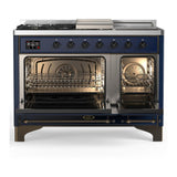 ILVE UM48FSQNR3MBB Majestic III 48 inch Dual Fuel Range with 5 Black Brass Burners, Griddle and French Top, Dual Function Burner up to 25,000 BTU (Natural Gas, Solid Door, Midnight Blue, Burnished)