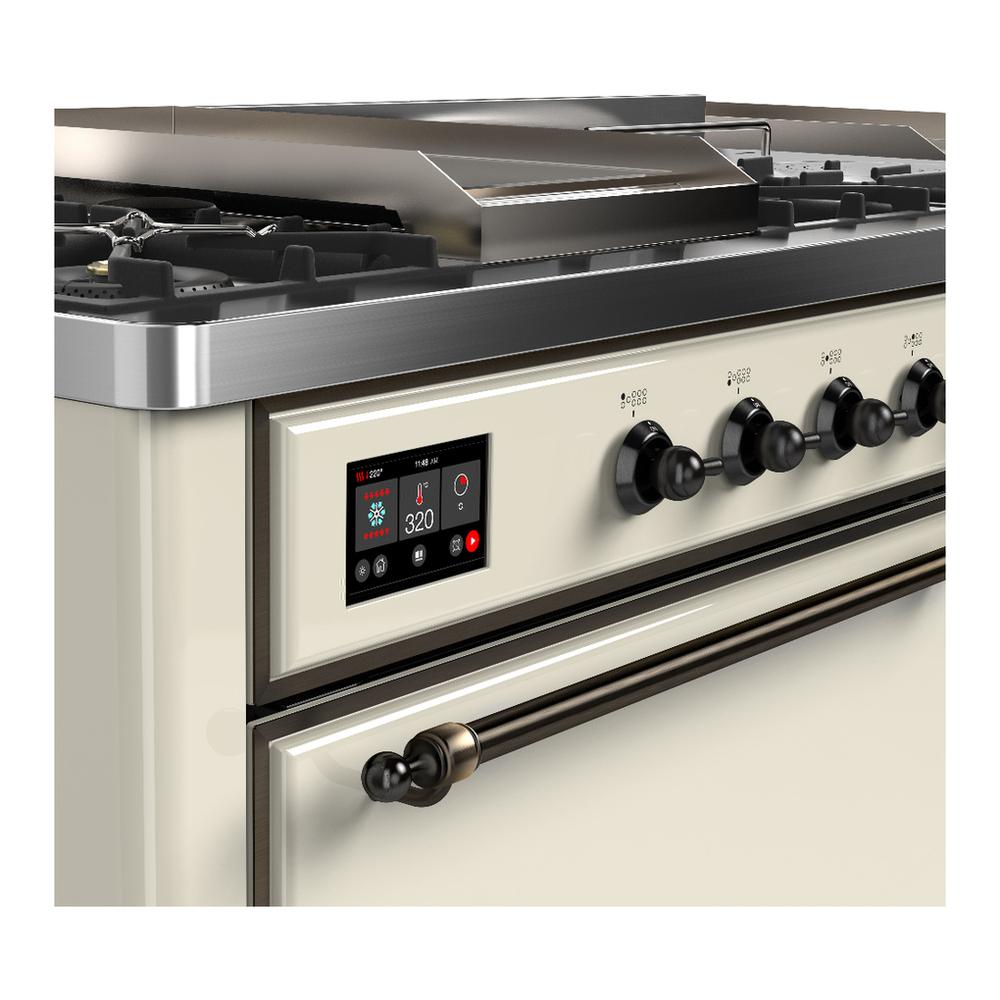 ILVE UM60FSQNR3AWBLP Majestic III 60 inch Dual Fuel Range with 7 Burners, Griddle and French Top, Dual Function Burner with up to 25,000 BTU (Liquid Propane, Solid Door, Antique White, Burnished)