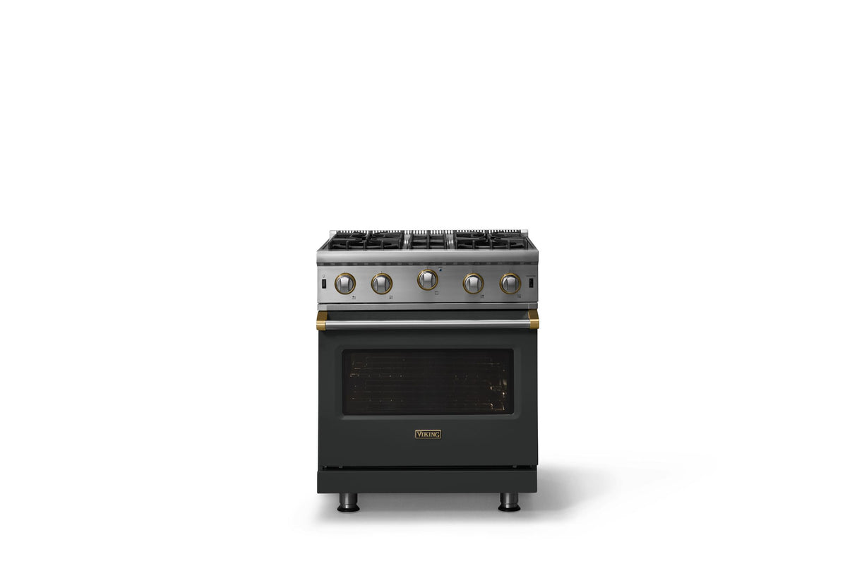 30"W. Open Burner Gas Range (Finish: Antique Bronze, Trim: Brushed Brass, Fuel: Propane)