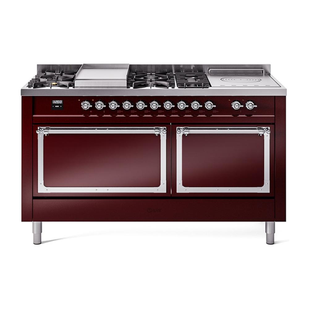 ILVE UN60FSQNMPBUC Nostalgie II Noblesse 60 inch Dual Fuel Range (7 Sealed Burners + Griddle + French Top, Natural Gas, Solid Door, Burgundy, Chrome)