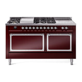 ILVE UN60FSQNMPBUC Nostalgie II Noblesse 60 inch Dual Fuel Range (7 Sealed Burners + Griddle + French Top, Natural Gas, Solid Door, Burgundy, Chrome)