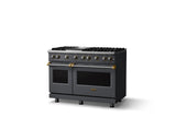 48"W. Sealed Burner Gas Range (Burner: 6g, Finish: Cast Black, Trim: Brushed Brass, Fuel: Natural Gas)