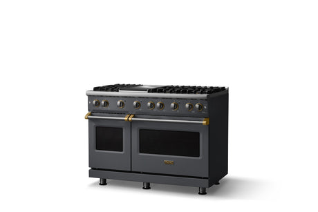 48"W. Sealed Burner Gas Range (Burner: 6g, Finish: Cast Black, Trim: Brushed Brass, Fuel: Natural Gas)