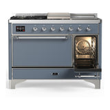 ILVE UM48FSQNR3BGC Majestic III 48 inch Dual Fuel Range with 5 Black Brass Burners, Griddle and French Top, Dual Function Burner up to 25,000 BTU (Natural Gas, Solid Door, Blue Grey, Chrome)