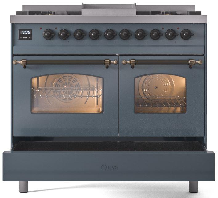 Nostalgie II 40 Inch Dual Fuel Natural Gas Freestanding Range in Blue Grey with Bronze Trim