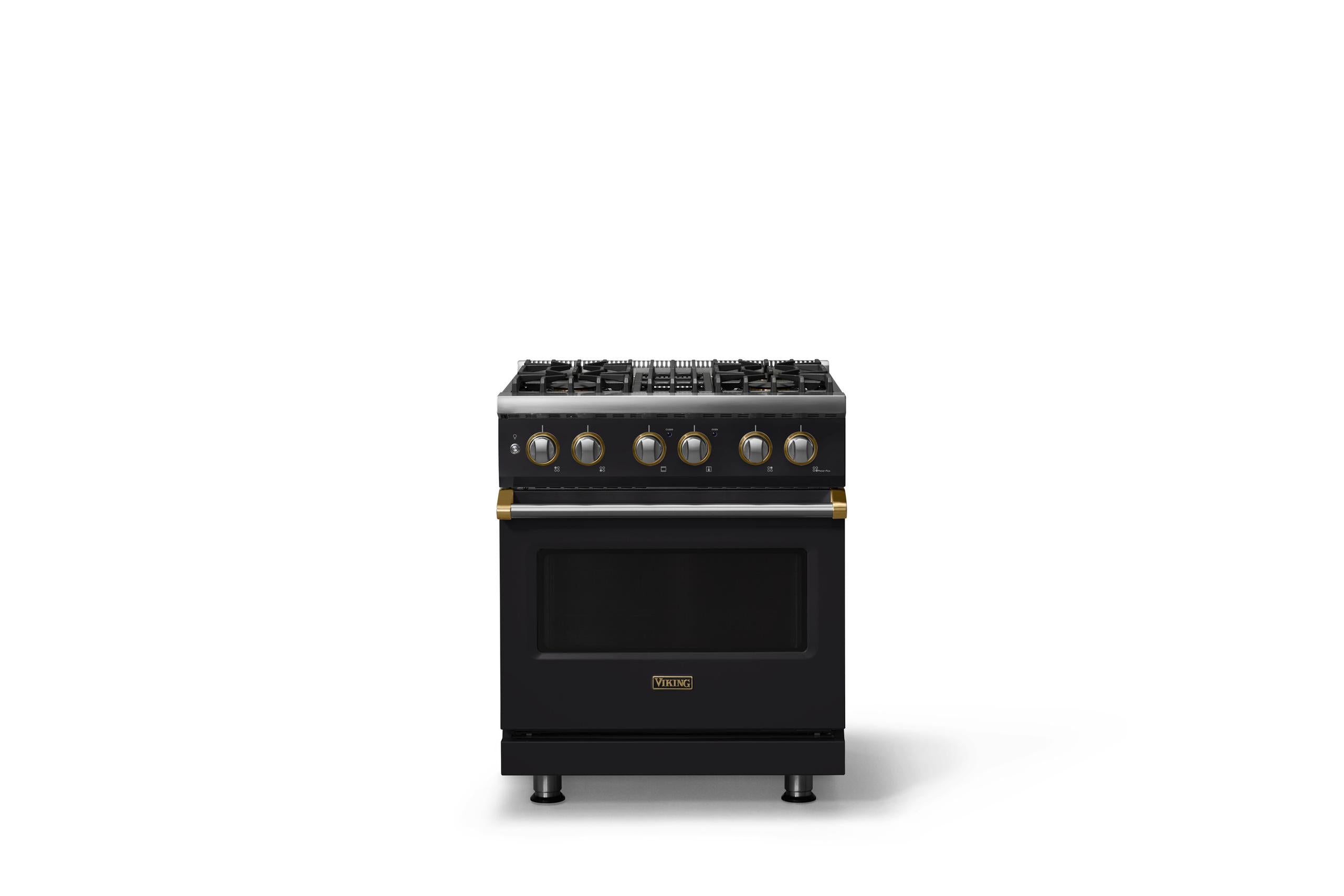 30"W. Dual Fuel Range (Finish: Onyx, Trim: Brushed Brass, Fuel: Natural Gas)