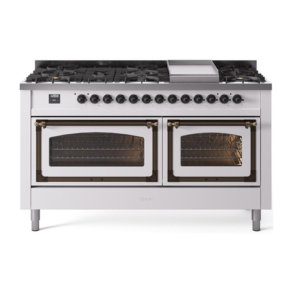 ILVE UN60FNMPWHBLP Nostalgie II Noblesse 60 inch Dual Fuel Range (9 Sealed Burners + Griddle, Liquid Propane, Triple Glass Door, White, Burnished)