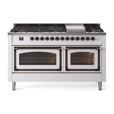 ILVE UN60FNMPWHBLP Nostalgie II Noblesse 60 inch Dual Fuel Range (9 Sealed Burners + Griddle, Liquid Propane, Triple Glass Door, White, Burnished)