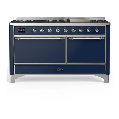 ILVE UM60FQNR3MBCLP Majestic III 60 inch Dual Fuel Range with 9 Burners and Griddle, Dual Function Burner up to 25,000 BTU (Liquid Propane, Solid Door, Midnight Blue, Chrome)