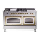 ILVE UN60FSNMPSSGLP Nostalgie II Noblesse 60 inch Dual Fuel Range (7 Sealed Burners + Griddle + French Top, Liquid Propane, Triple Glass Door, Stainless Steel, Brass)