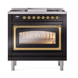 ILVE UN36FNMPBKG Nostalgie II Noblesse 36 inch Dual Fuel Range (Natural Gas, Triple Glass Door, Glossy Black, Brass)