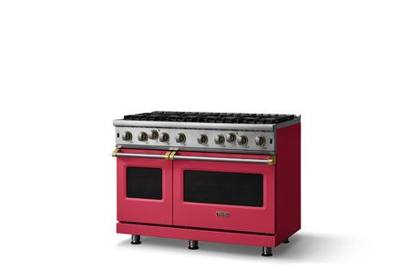 48"W. Open Burner Gas Range (Finish: Valentine, Trim: Brushed Brass, Fuel: Propane)