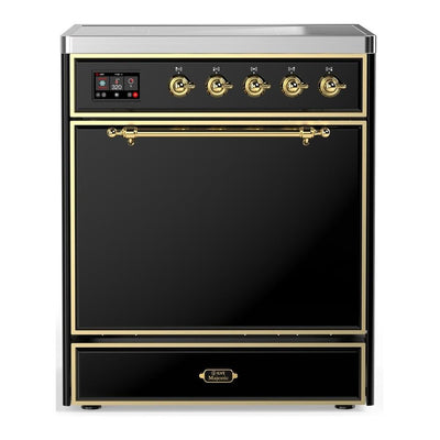 ILVE UMIB30QNR3BKG Majestic III 30 inch Induction Range with 4 Elements, 4 cu. ft. Oven Capacity (Solid Door, Glossy Black, Brass)
