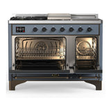 ILVE UM48FSNR3BGBLP Majestic III 48 inch Dual Fuel Range with 5 Black Brass Burners, Griddle and French Top, Dual Function Burner up to 25,000 BTU (Liquid Propane, Triple Glass Door, Blue Grey, Burnished)