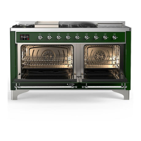 ILVE UM60FSNR3EGCLP Majestic III 60 inch Dual Fuel Range with 7 Burners, Griddle and French Top, Dual Function Burner with up to 25,000 BTU (Liquid Propane, Triple Glass Door, Emerald Green, Chrome)