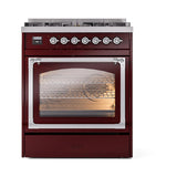 ILVE UN30NMPBUCLP Nostalgie II Noblesse 30 inch Dual Fuel Range (Liquid Propane, Triple Glass Door, Burgundy, Chrome)