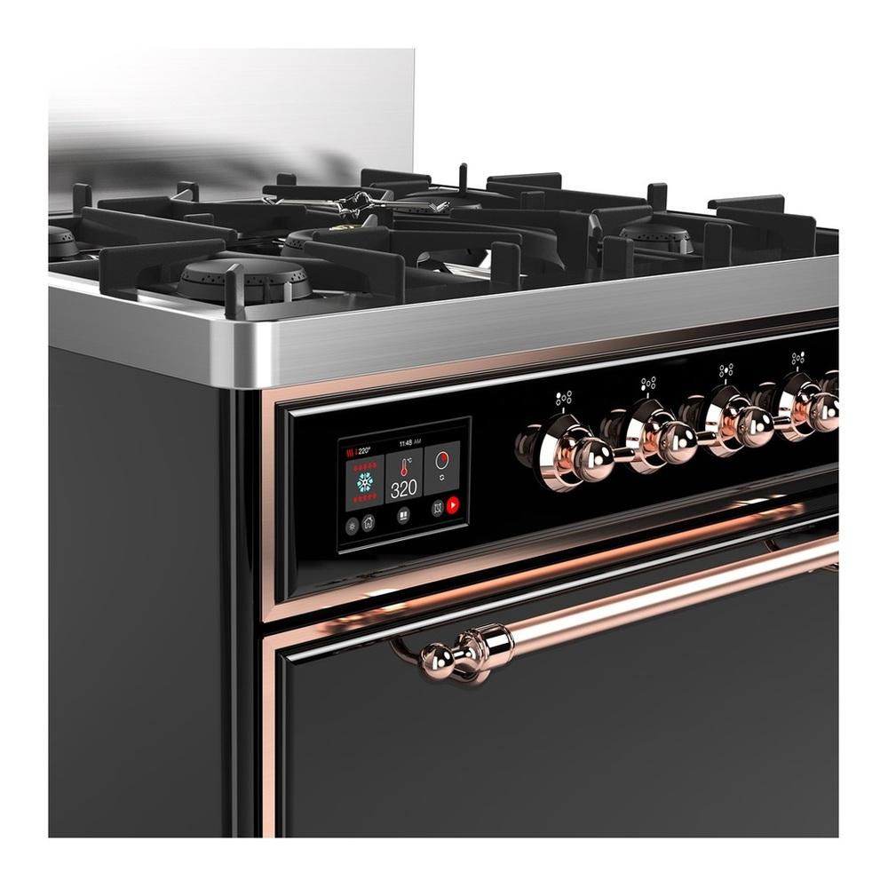 ILVE UM30QNR3BKPLP Majestic III 30 inch Dual Fuel Range with 5 Black Brass Burners, Dual Function Burner up to 25,000 BTU (Liquid Propane, Solid Door, Glossy Black, Copper)