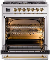 Nostalgie II 30 Inch Dual Fuel Natural Gas Freestanding Range in Stainless Steel with Brass Trim