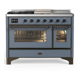 ILVE UM48FSNR3BGB Majestic III 48 inch Dual Fuel Range with 5 Black Brass Burners, Griddle and French Top, Dual Function Burner up to 25,000 BTU (Natural Gas, Triple Glass Door, Blue Grey, Burnished)