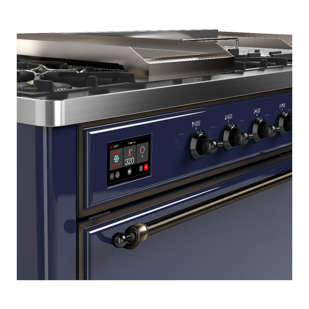 ILVE UM60FSQNR3MBBLP Majestic III 60 inch Dual Fuel Range with 7 Burners, Griddle and French Top, Dual Function Burner with up to 25,000 BTU (Liquid Propane, Solid Door, Midnight Blue, Burnished)