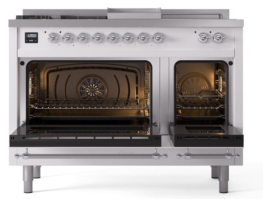 Nostalgie II 48 Inch Dual Fuel Natural Gas Freestanding Range in White with Chrome Trim