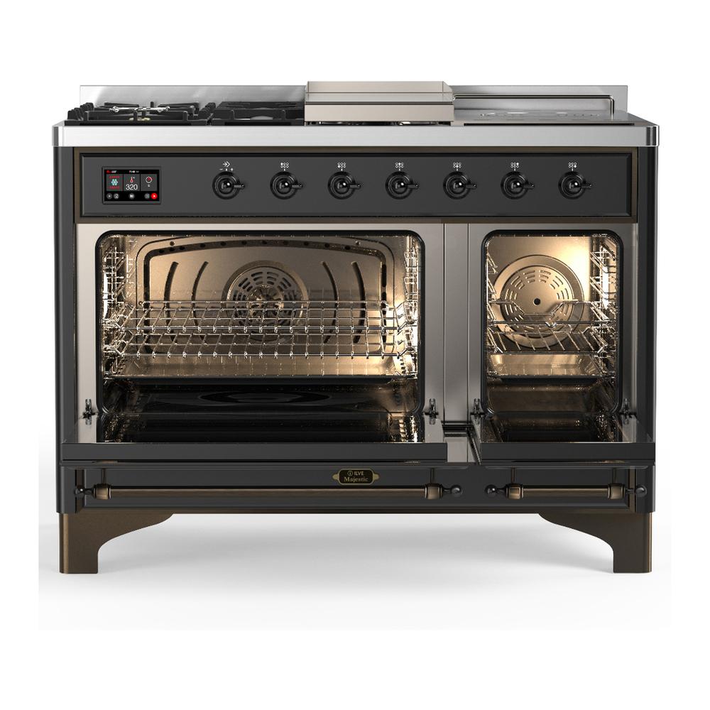 ILVE UM48FSNR3MGBLP Majestic III 48 inch Dual Fuel Range with 5 Black Brass Burners, Griddle and French Top, Dual Function Burner up to 25,000 BTU (Liquid Propane, Triple Glass Door, Graphite Matte, Burnished)