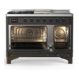 ILVE UM48FSNR3MGBLP Majestic III 48 inch Dual Fuel Range with 5 Black Brass Burners, Griddle and French Top, Dual Function Burner up to 25,000 BTU (Liquid Propane, Triple Glass Door, Graphite Matte, Burnished)