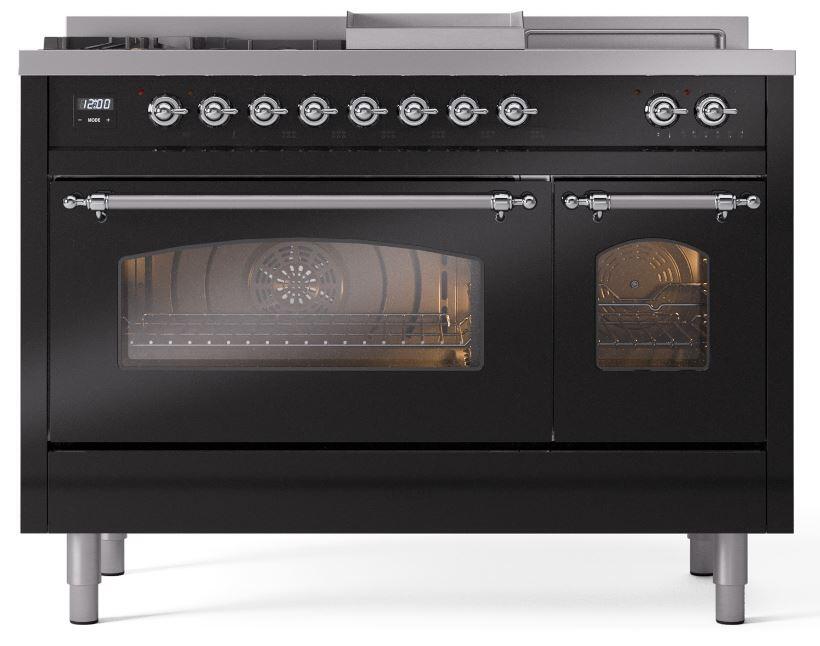 Nostalgie II 48 Inch Dual Fuel Liquid Propane Freestanding Range in Glossy Black with Chrome Trim
