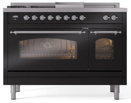 Nostalgie II 48 Inch Dual Fuel Liquid Propane Freestanding Range in Glossy Black with Chrome Trim
