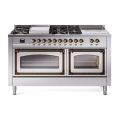 ILVE UN60FSNMPSSBLP Nostalgie II Noblesse 60 inch Dual Fuel Range (7 Sealed Burners + Griddle + French Top, Liquid Propane, Triple Glass Door, Stainless Steel, Burnished)