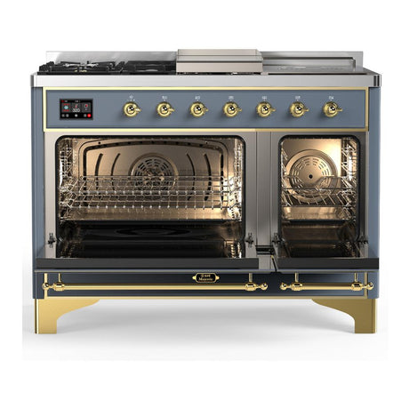 ILVE UM48FSQNR3BGG Majestic III 48 inch Dual Fuel Range with 5 Black Brass Burners, Griddle and French Top, Dual Function Burner up to 25,000 BTU (Natural Gas, Solid Door, Blue Grey, Brass)