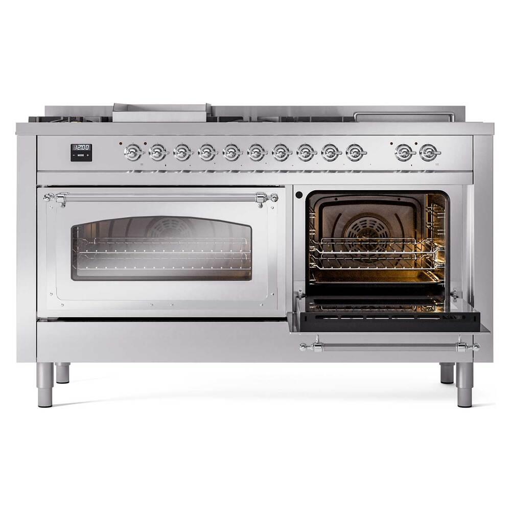 ILVE UN60FSNMPSSC Nostalgie II Noblesse 60 inch Dual Fuel Range (7 Sealed Burners + Griddle + French Top, Natural Gas, Triple Glass Door, Stainless Steel, Chrome)