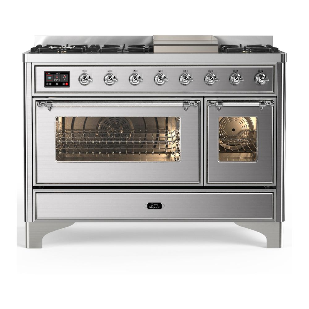 ILVE UM48FNR3SSCLP Majestic III 48 inch Dual Fuel Range with 8 Burners and Griddle, Dual Function Burner up to 25,000 BTU (Liquid Propane, Triple Glass Door, Stainless Steel, Chrome)