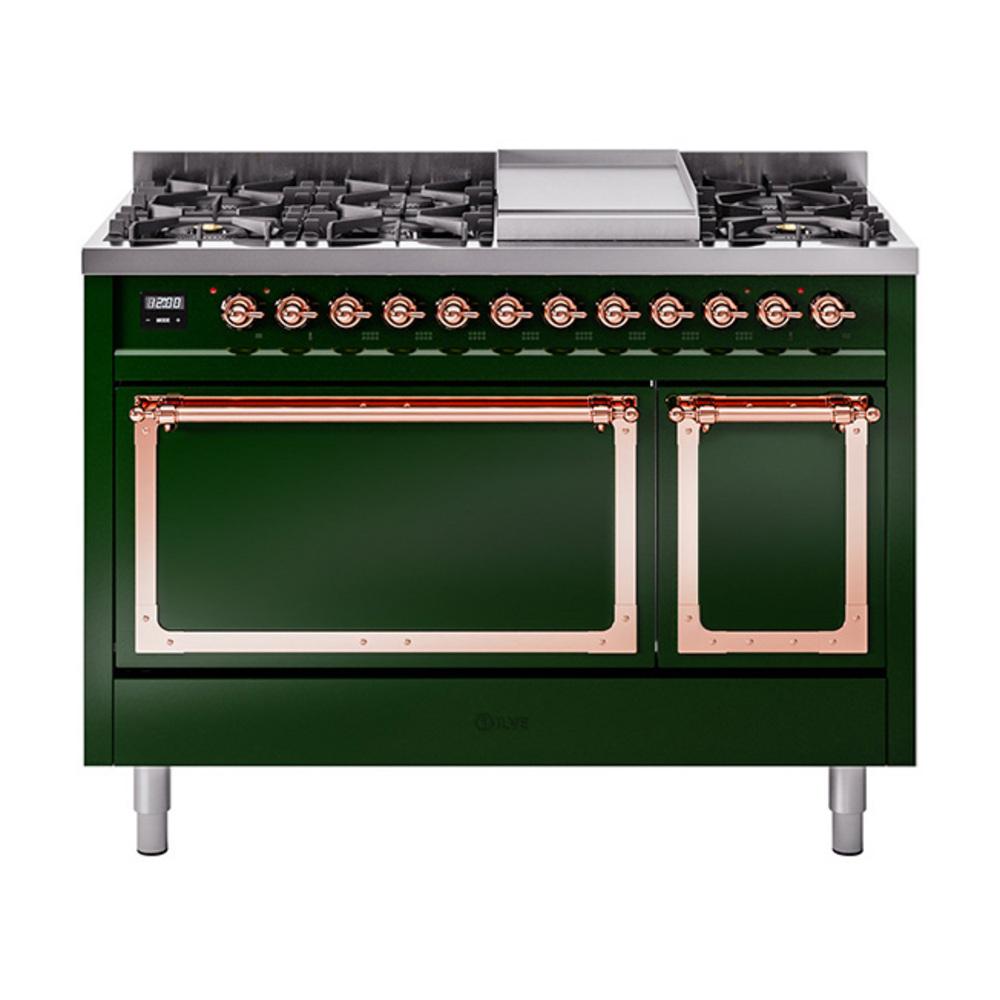 ILVE UN48FQNMPEGP Nostalgie II Noblesse 48 inch Dual Fuel Range (8 Sealed Burners + Griddle, Natural Gas, Solid Door, Emerald Green, Copper)