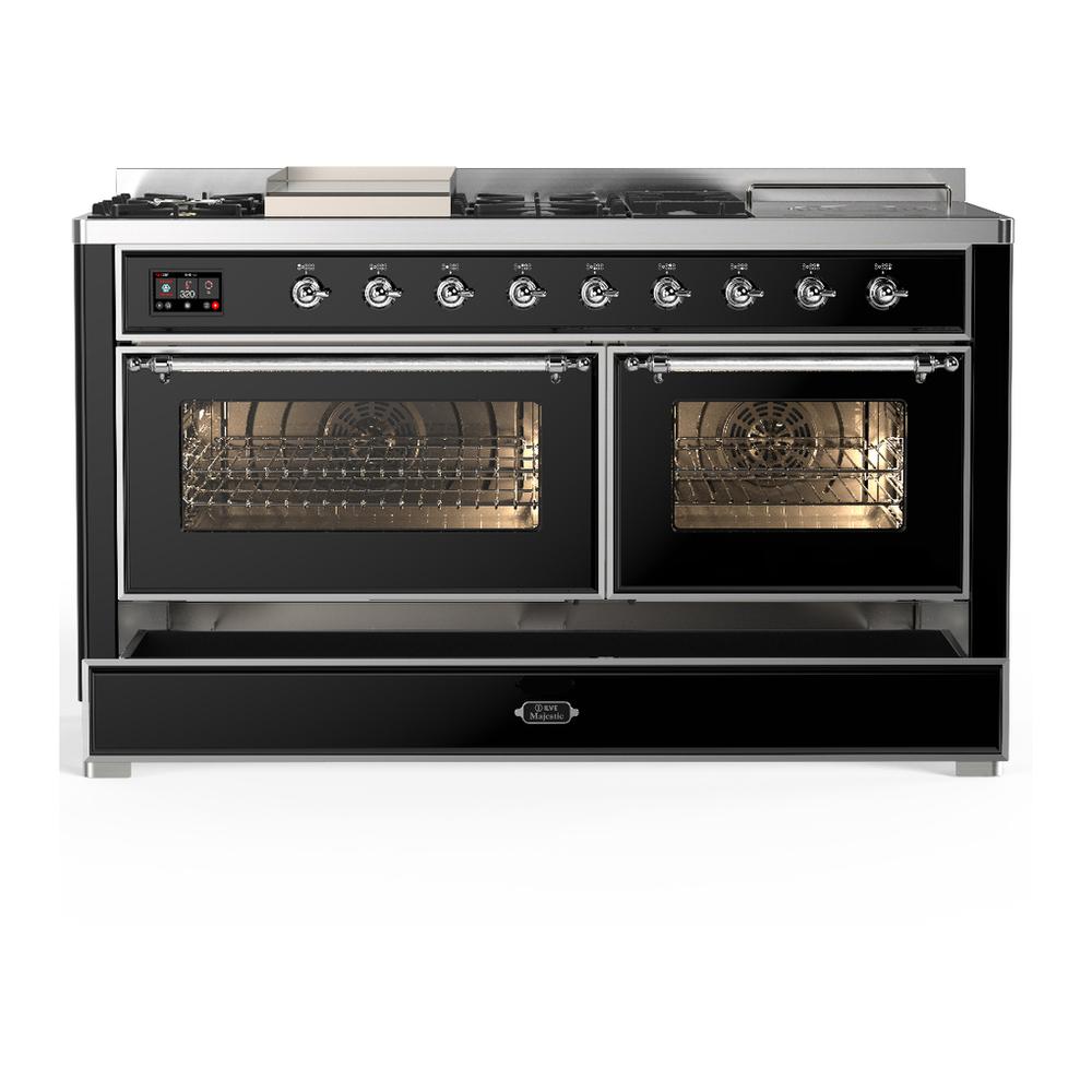 ILVE UM60FSNR3BKCLP Majestic III 60 inch Dual Fuel Range with 7 Burners, Griddle and French Top, Dual Function Burner with up to 25,000 BTU (Liquid Propane, Triple Glass Door, Glossy Black, Chrome)