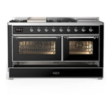 ILVE UM60FSNR3BKCLP Majestic III 60 inch Dual Fuel Range with 7 Burners, Griddle and French Top, Dual Function Burner with up to 25,000 BTU (Liquid Propane, Triple Glass Door, Glossy Black, Chrome)