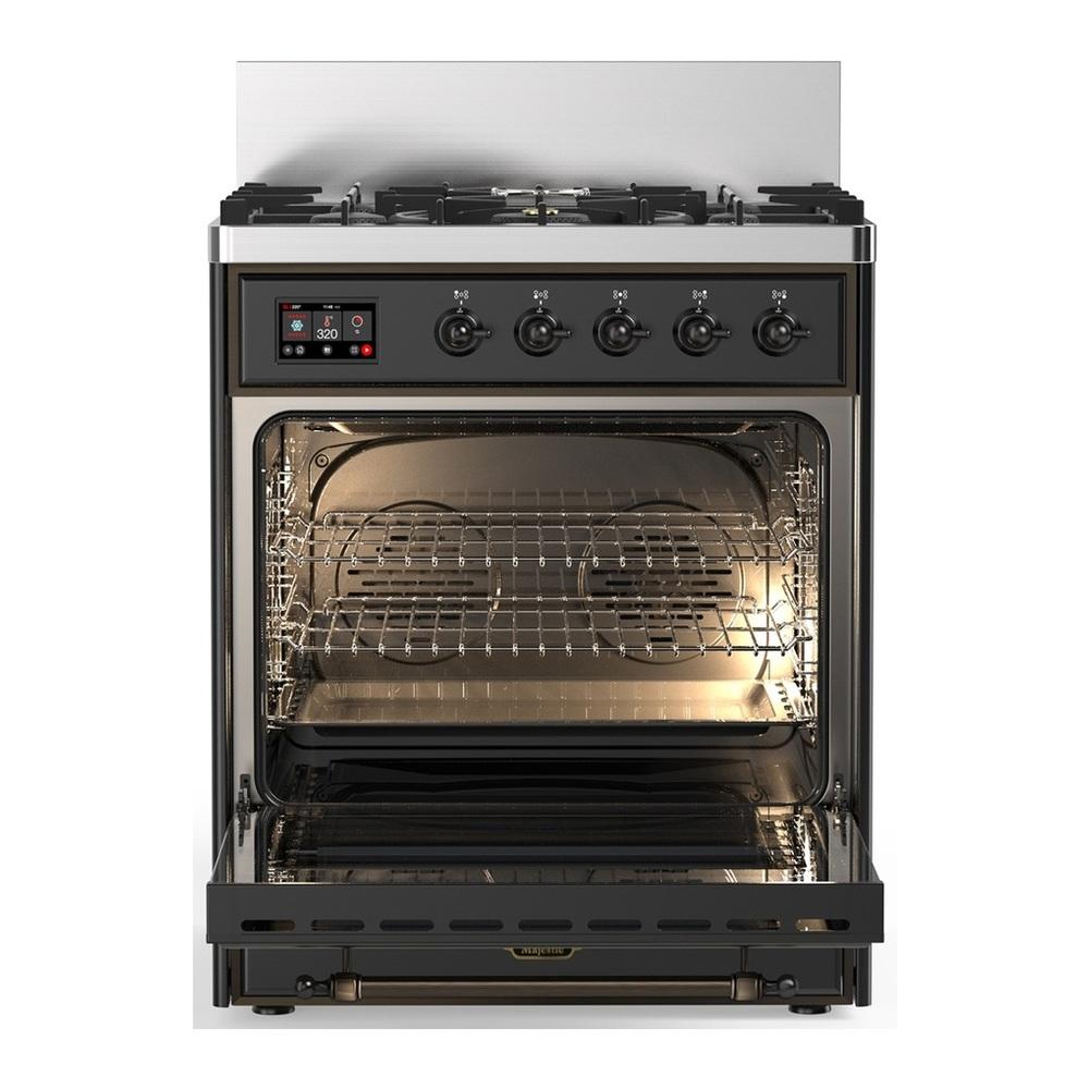 ILVE UM30QNR3MGBLP Majestic III 30 inch Dual Fuel Range with 5 Black Brass Burners, Dual Function Burner up to 25,000 BTU (Liquid Propane, Solid Door, Graphite Matte, Burnished)