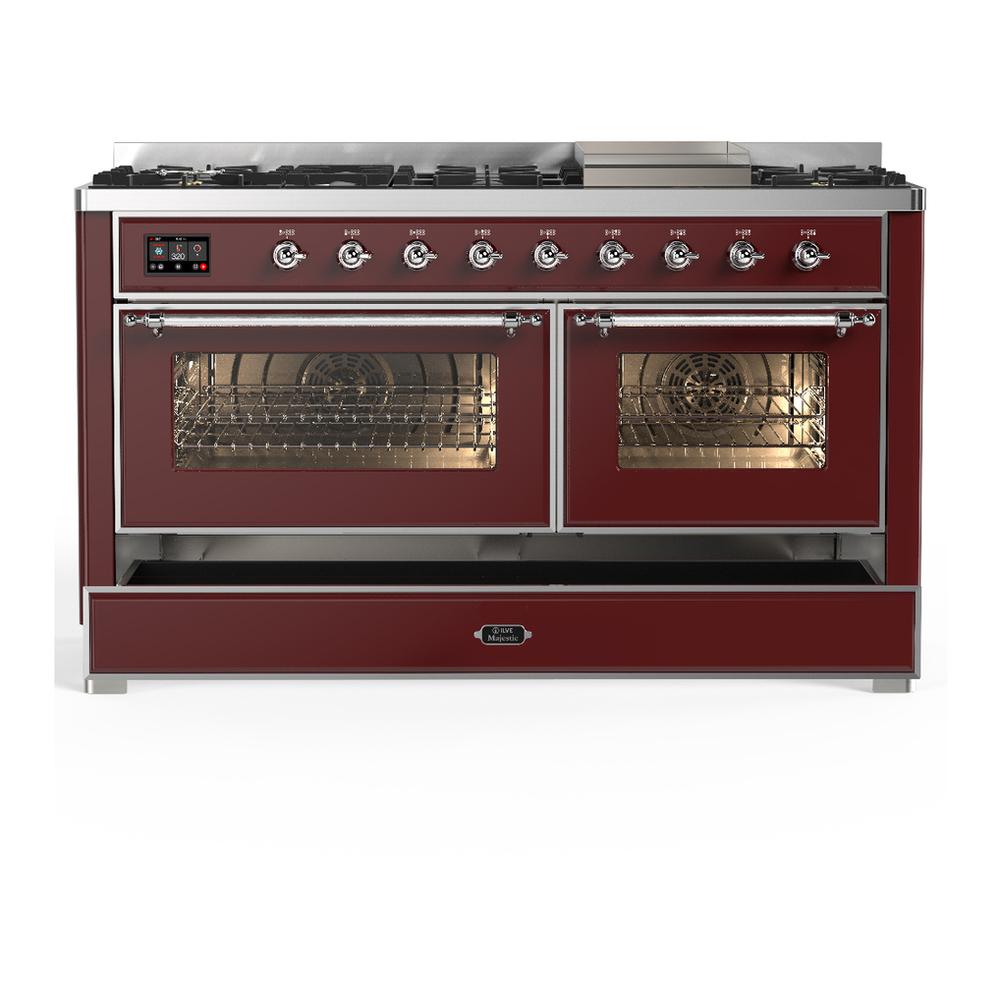 ILVE UM60FNR3BUC Majestic III 60 inch Dual Fuel Range with 9 Burners and Griddle, Dual Function Burner up to 25,000 BTU (Natural Gas, Triple Glass Door, Burgundy, Chrome)
