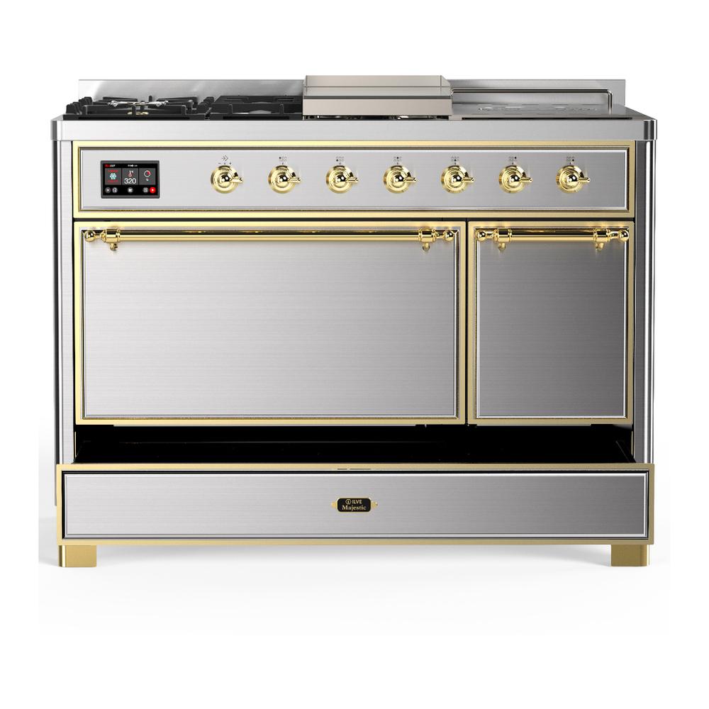 ILVE UM48FSQNR3SSGLP Majestic III 48 inch Dual Fuel Range with 5 Black Brass Burners, Griddle and French Top, Dual Function Burner up to 25,000 BTU (Liquid Propane, Solid Door, Stainless Steel, Brass)