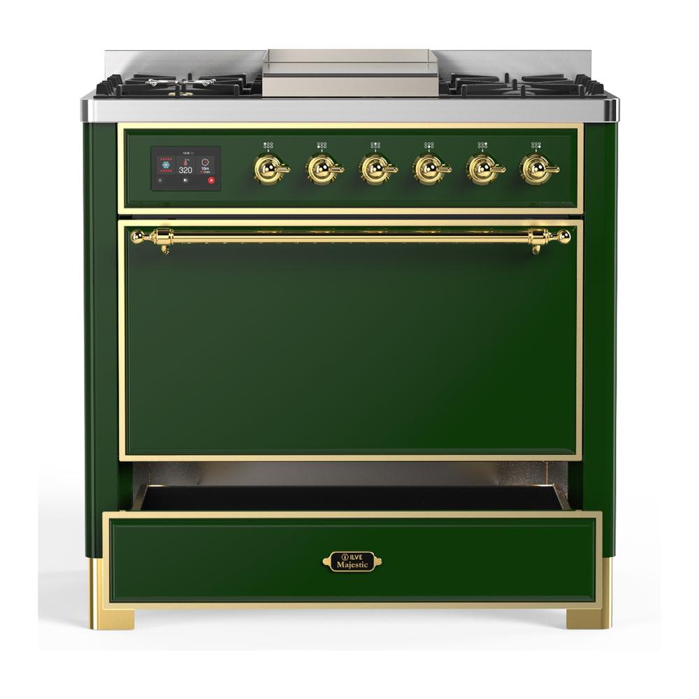 ILVE UM36FQNR3EGG Majestic III 36 inch Dual Fuel Range with 6 Black Brass Burners and Griddle, Dual Function Burner up to 25,000 BTU (Solid Door, Emerald Green, Brass, Natural Gas)