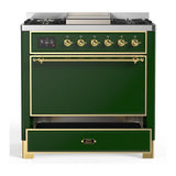 ILVE UM36FQNR3EGG Majestic III 36 inch Dual Fuel Range with 6 Black Brass Burners and Griddle, Dual Function Burner up to 25,000 BTU (Solid Door, Emerald Green, Brass, Natural Gas)
