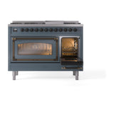 ILVE UN48FNMPBGB Nostalgie II Noblesse 48 inch Dual Fuel Range (8 Sealed Burners + Griddle, Natural Gas, Triple Glass Door, Blue Grey, Burnished)