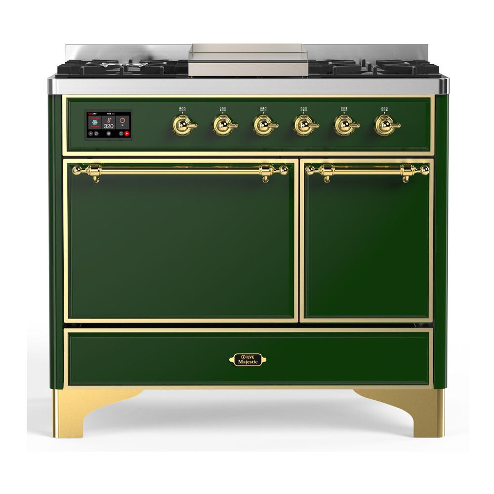 ILVE UMD40FQNR3EGG Majestic III 40 inch Dual Fuel Range with 6 Burners and Griddle, Dual Function Burner up to 25,000 BTU (Natural Gas, Solid Door, Emerald Green, Brass)